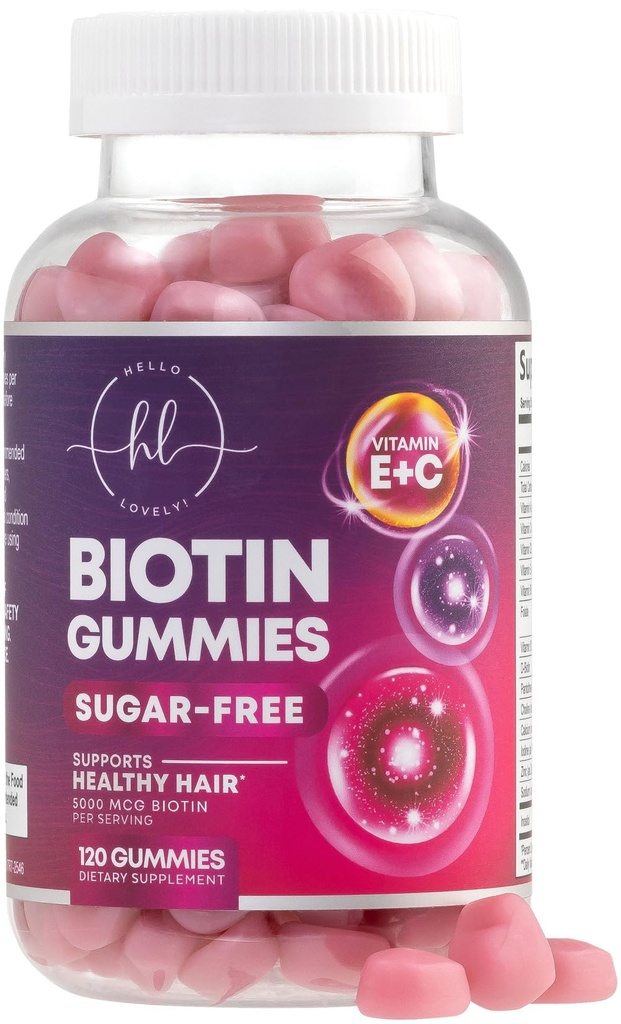 Vlasové vitamíny Gummy s Biotin 5000 mcg - Podpora růstu vlasů s vitamíny E & C pro silnější, silnější a krásné vlasy - Vlasy kůže a hřebíky Vitamin pro ženy, Non- GMO, Gluten zdarma - 120 Gummies