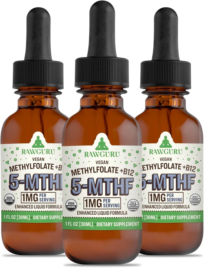 RawGuru Methylfolát 1mg + vitamin B12 - Organic Vegan Methylovaný B12 s stopovými minerály - Nano- Zpracovaná a vylepšená tekutá formule - 300 Podání Veganských kapek na 30 ml, balení po 3 ks