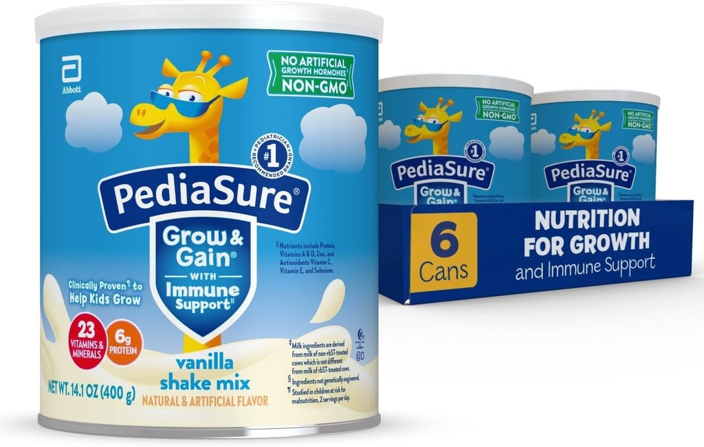 PediaSure Grow & Gain s imunitní podporou Shake Mix Powder, 23 Vitamíny & Minerály, 6g Protein, Non- GMO, Gluten- Free, Kids Nutrition, Vanilla, 14.1 oz Can, Balení 6-48 porcí