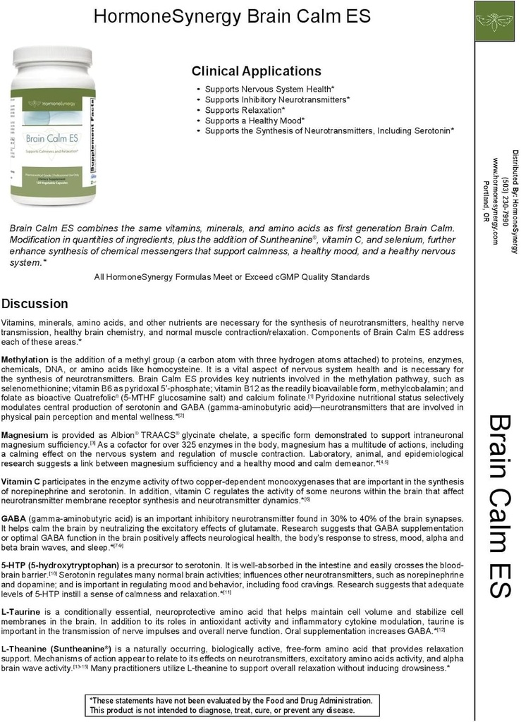 HormoneSynergy RetzlerRx ® Brain Calm ES - Ultimate Support for Calmness & Relaxation - L-Theanine (Suntheanine ®) - TRAACS ® Albion ® Chelated Minerals - GABA - 5-HTP - L-Taurin - 120 V-Caps