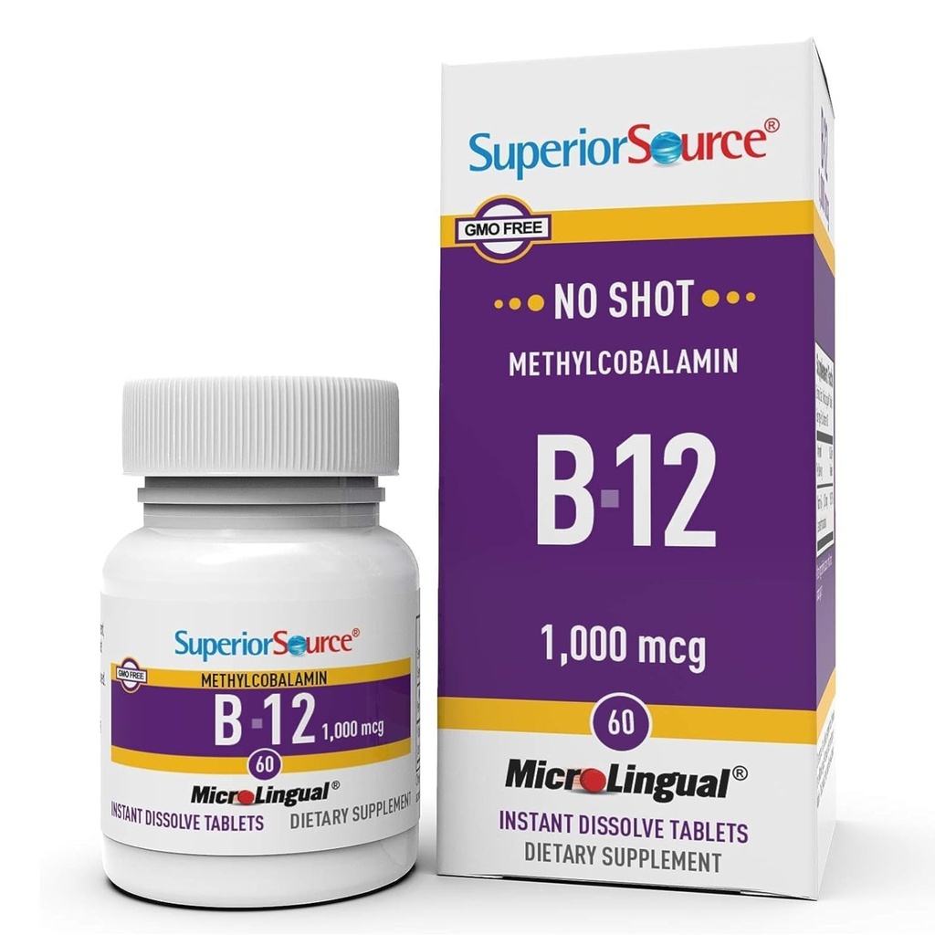 Superior Source No Shot Methylkobalamin B-12 1 000 mcg - Vitamin B-12 na podporu výroby energie, Brain Health & Celkově Wellness - Sublingvální tablety pro rychlou absorpci - 60 Rozpouštěcí tablety