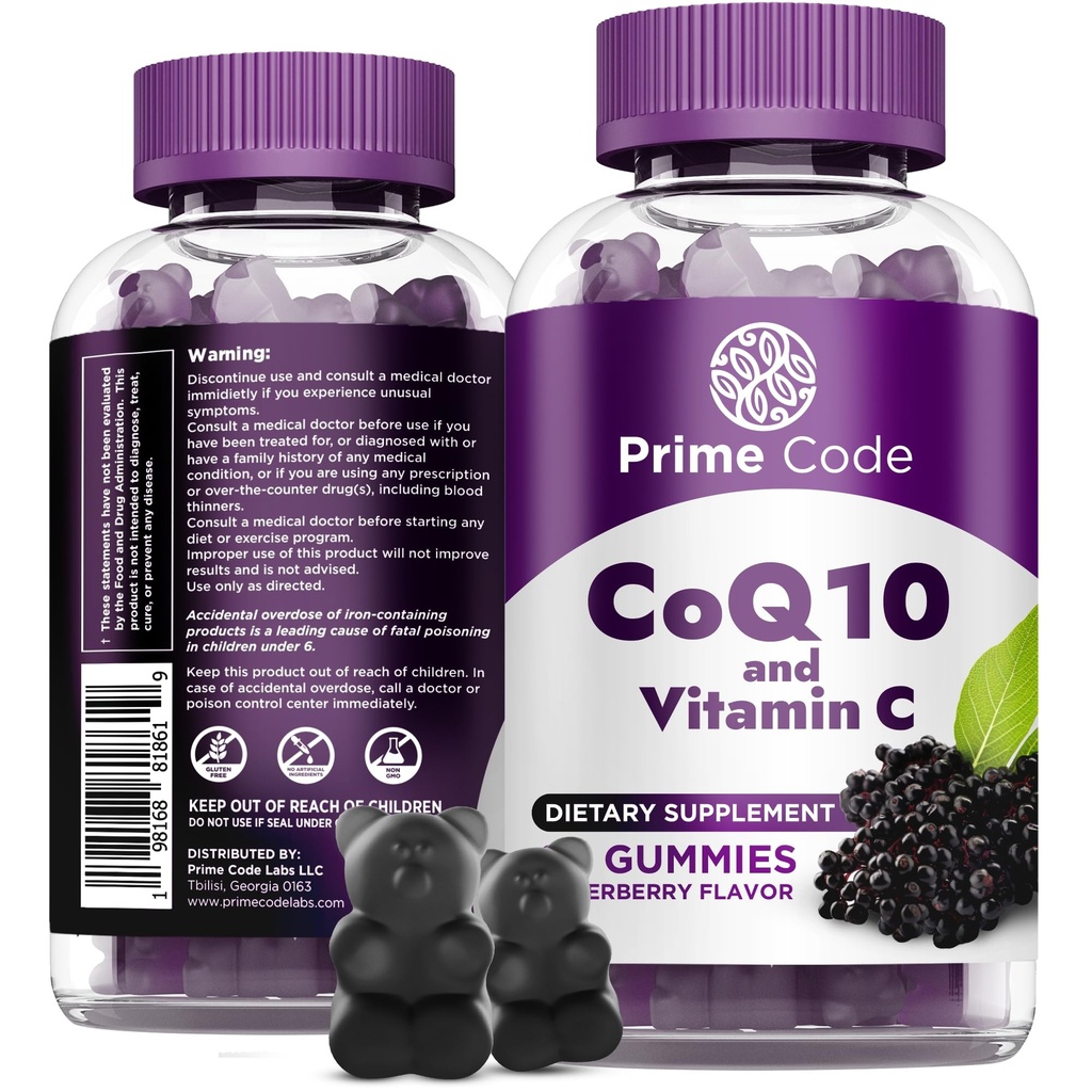 Prime Code CoQ10 Gummies 200mg s vitaminem C - Coenzym Q10 Antioxidant Supplement for Cellular Energy Support - Easy- to- Take Vegan Gummies for Dospělí - 60 Počet