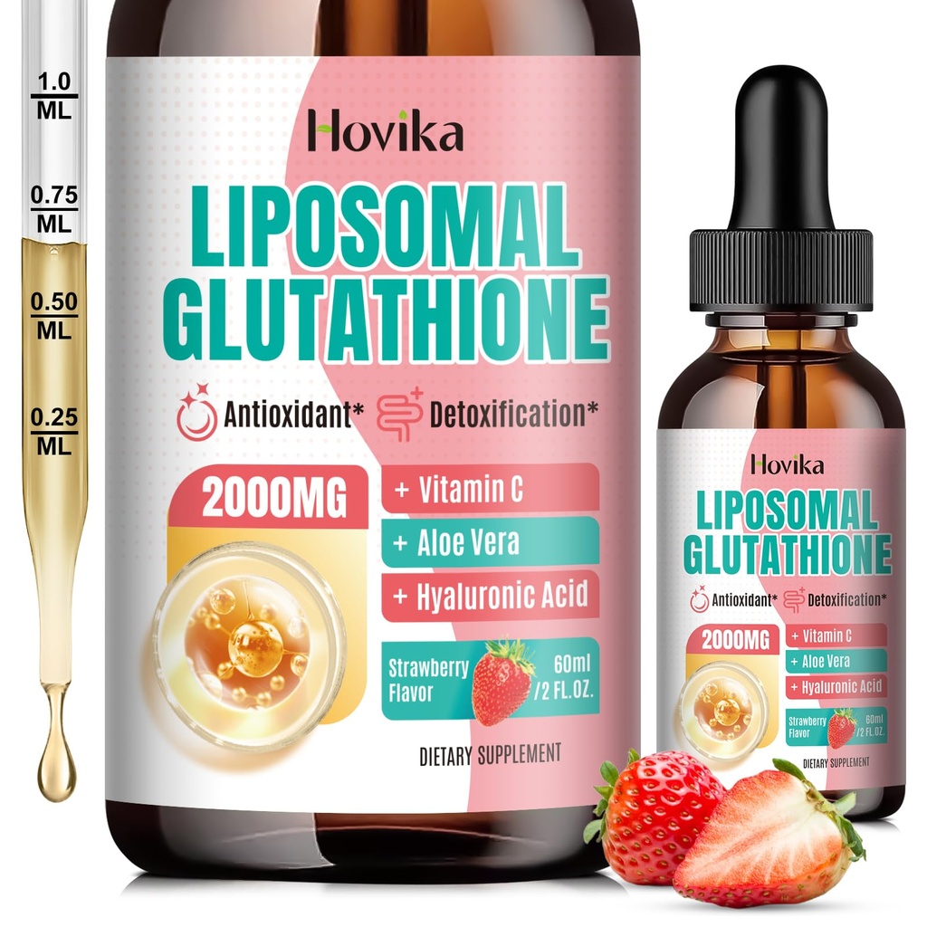 Lipozomální Glutathione dodatek 2000mg, tekuté Glutathione Drops s vitaminem C, Master antioxidanty pro imunitní systém, stárnutí obrany, zdraví kůže, Detox- Superior Absorpce, Jahoda 2 Fl Oz