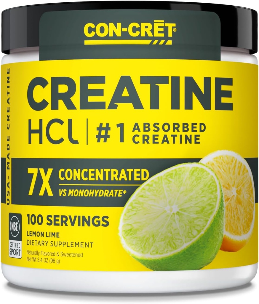 CON-CRET Creatin HCl Powder 124; Muscle, Cognitive, Cellular Energy Support CLAN124; No Bloating or Cramps CLAN124; USA Made & NSF Certified CLAN124; Lemon Lime (100 Serving)