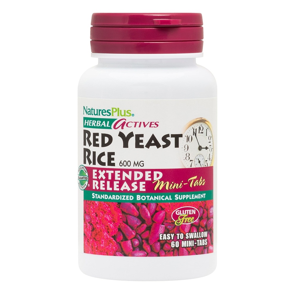 Natures Plus Bylinné Actives Red Yeast Rice, Extended Release - 600 mg, 60 Mini Tablety - Bylinný dodatek - Vegan, Vegetarian, Gluten- Free - 30 Služeb