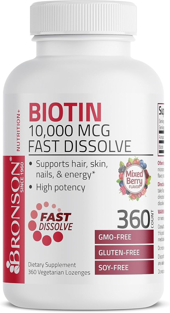 Bronson Biotin 10,000 MCG Lozenges Rychlý rozpustit vysokou potenci podporuje vlasy, kůže a nehty Smíšené Berry Flavor - Non- GMO, 360 Vegetariánské Lozenges