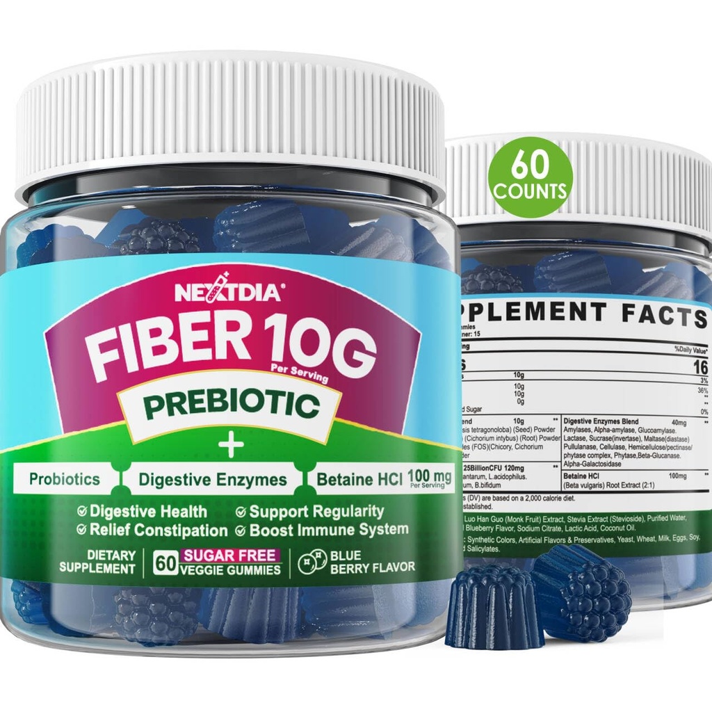 Vláknina pro dospělé, Cukr zdarma 10g Prebiotický Vláknina dodatek s trávicí enzymy, Probiotika & 100mg Betaine pro stravitelné & Gut zdraví a regulovat pohyb Bowel, Vegan, Želatina zdarma, 60ct