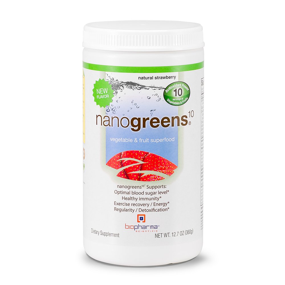 BioPharma Scientific Nanogreens Superfood Powder - Ovoce a zelenina, Antioxidanty a probiotika pro energii, Digestion & Imunitation Support - 30 Služeb, Jahodová příchuť