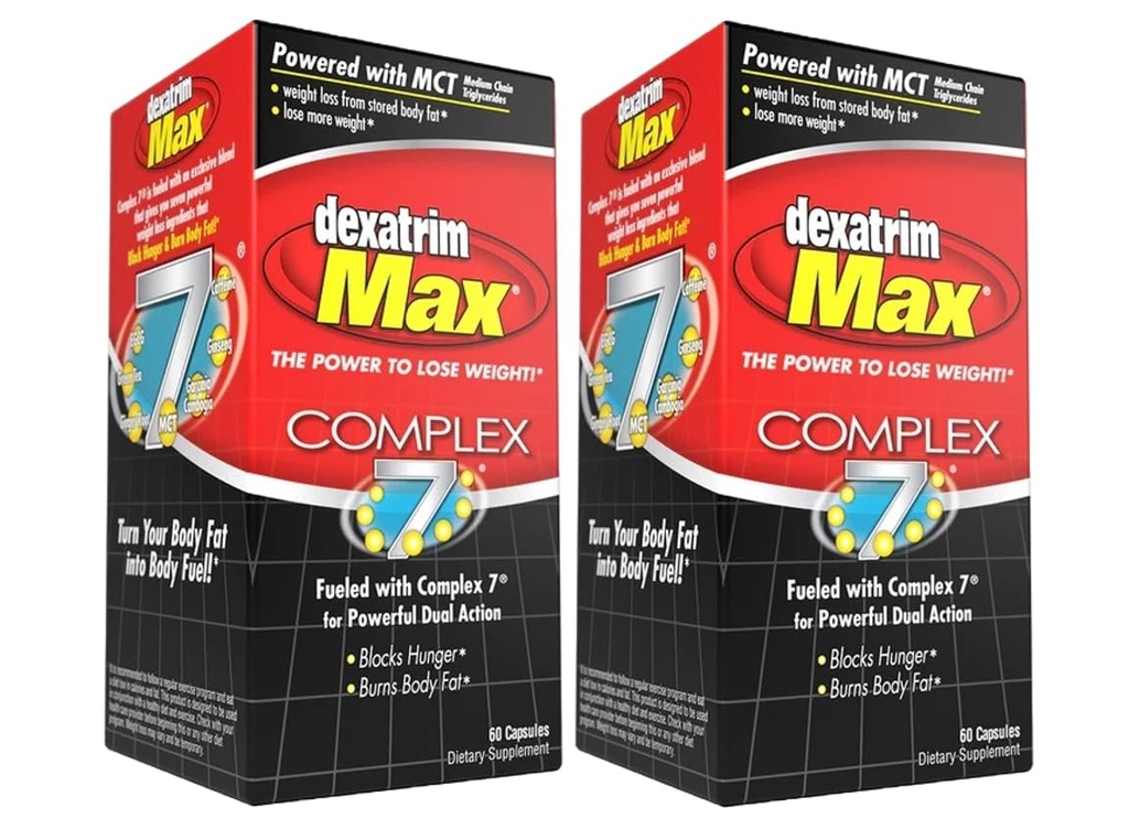 ILIOS Dexatrim Max Complex-7 Complex- 7; Dietní pilulky ke ztrátě hmotnosti - 7 Výkonné přísady ke snížení hladu a tělesného tuku, Tuk Burner doplňky, Ztráta hmotnosti pilulky pro muže a ženy, 2 balení w / 60 Kapsle Každý