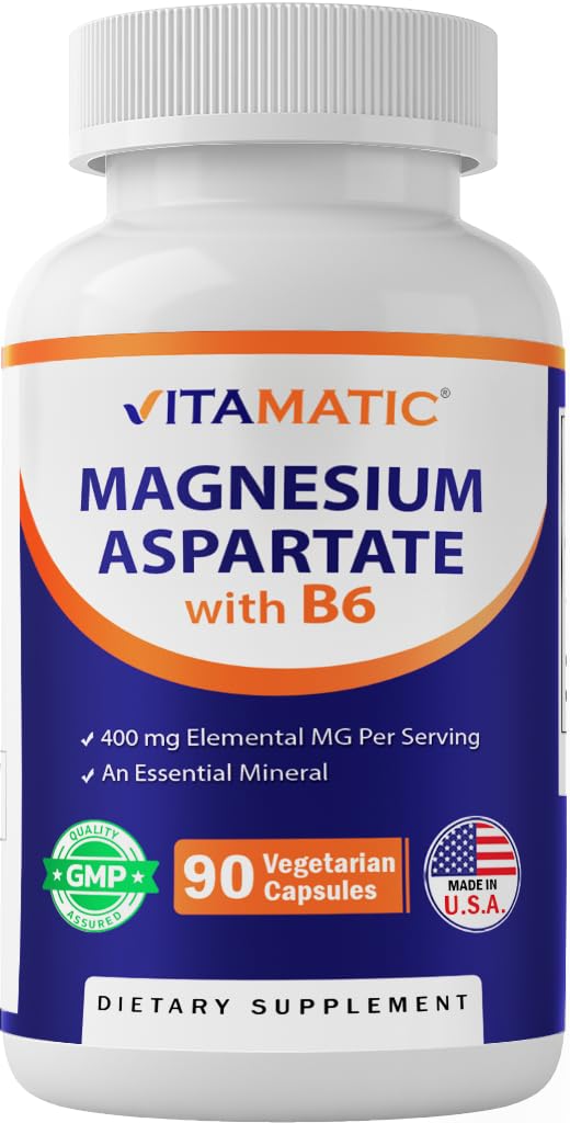 Vitamatic Magnesium Aspartate 400mg per Serving - 90 Vegetariánských kapslí - Přidáno B6 pro maximální absorpci - Podporuje svalovou, kloubní a srdeční zdraví *