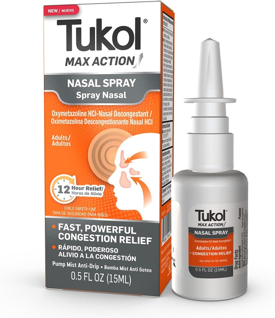 TUKOL Max Action Nasal Spray, Oxymetazolin Nasal Decongestant Spray pro dospělé, Rychlý Stuffy Nose & Sinus Congestion Relief, 12- Hodinové Nose Spray Decongestant, 0.5 fl oz