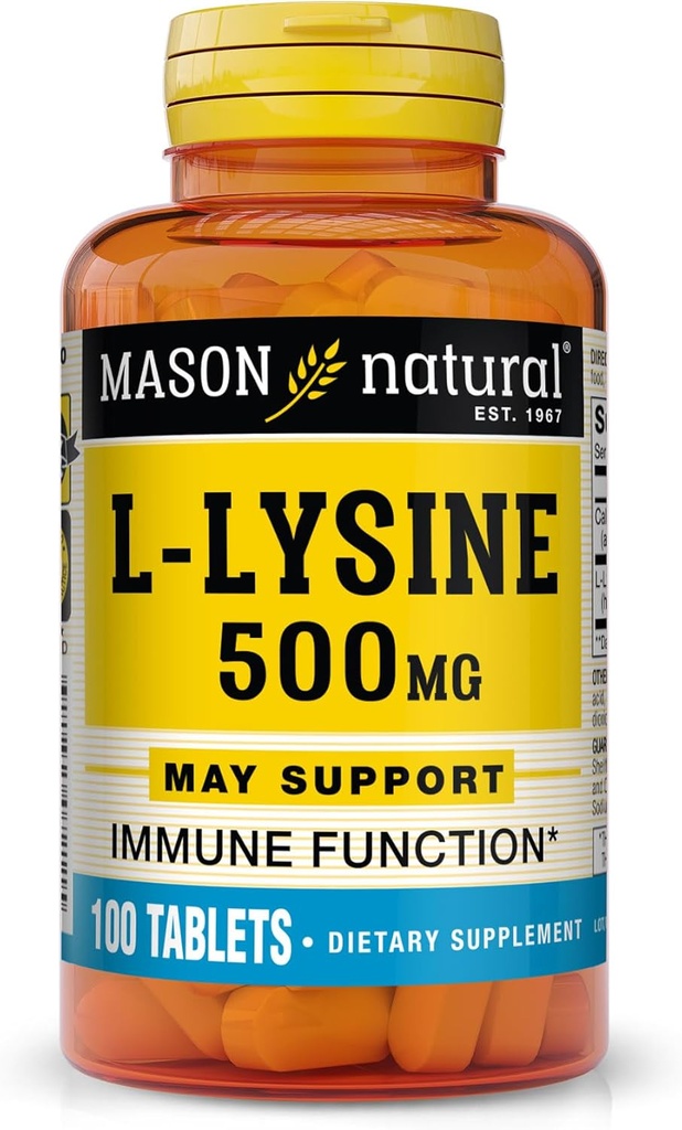 MASON NATURAL L- lysin 500 mg s vápníkem - lepší imunitní funkce, zvýšená absorpce živin, esenciální aminokyselina, 100 tablet