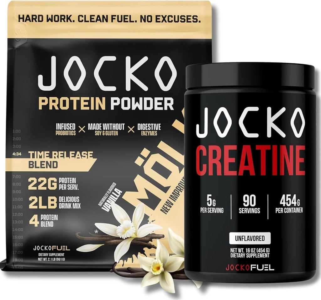 Jocko Fuel Bundle - Vanilla Mölk Protein Powder + Creatin Monohydrát Powder for men & Women - Bundle for Atheltic Performance, Recovery, & Svalový růst