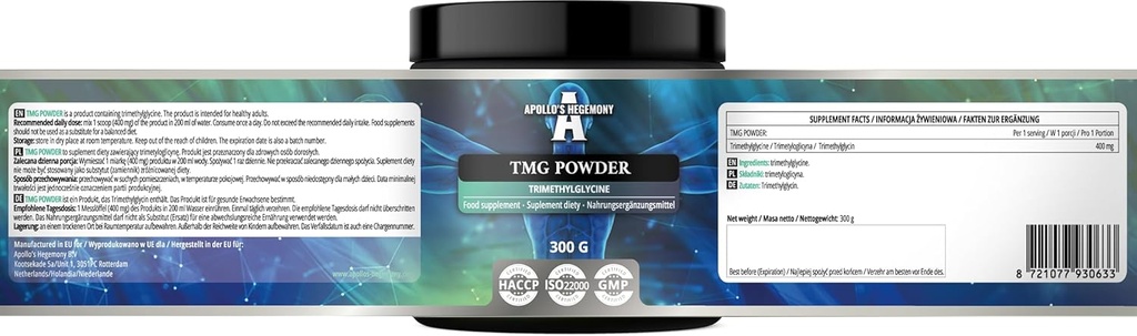 APOLLO 'S HEGEMONY TMG Powder 300g - Betaine - 2000mg Trimethylglycin per Serving - 150 Servings per Pack - No additives - Branched Chain Amino Acids - Televisite Support