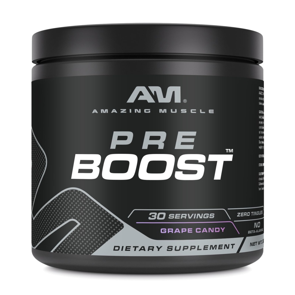 Amazing Muscle Pre Boost 124; 30 Doručování 124; 324 Grams Powder 124; Pre Workout Dodatek 124; Vyrobeno v USA (30 Serings, Natural Grape Candy)