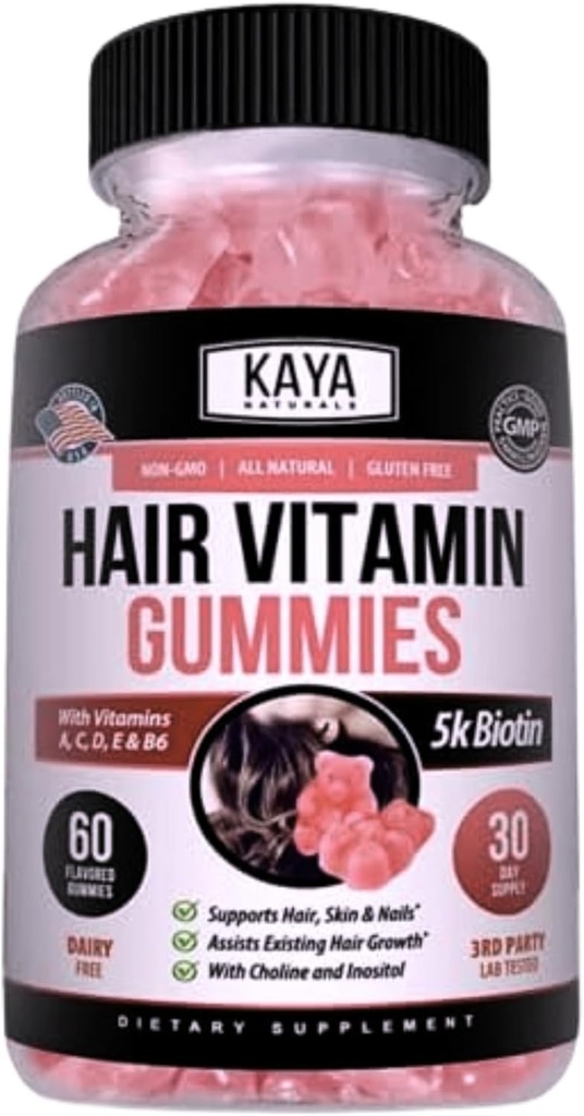 Kaya Naturals Vlasy Růst Gummies - Biotin 5000mcg Vitamíny pro zdravé vlasy, kůže a nehty - Doplněk pro ženy nebo muže - 60 Hrabě - Borůvkový Flavor