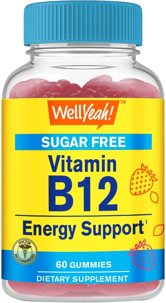 WellYeah Vitamin B12 1000mcg Sugar Free Gummies PHAR124; Dietní dodatek B124; pro podporu energie a metabolismu PHAR124; Strawberry Flavor PHAR124; 60 Počet