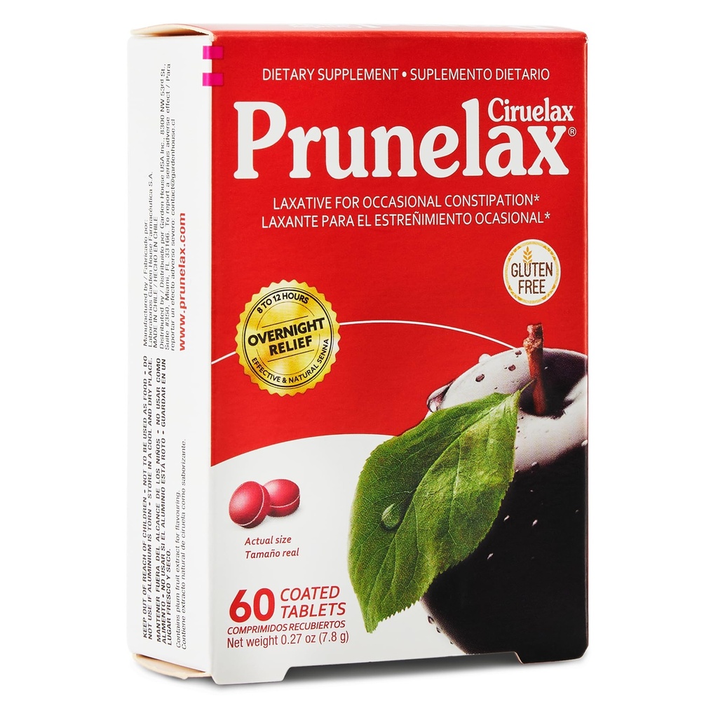 Prunelax Ciruelax Pravidelná síla Laxative Mini tablety - noční Relief pro příležitostné zácpy, Senna Extract, Vegan & gluten- Free, Gentle Relief - 60ct
