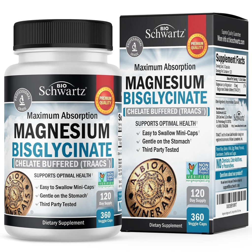Hořčík Bisglycinát Chelated Supplement - Vysoká absorpce Hořčík Dodatek pro svalovou hmotu, Kostní a kloubní podporu, Non- Laxativní, Plně pufrované, Non- GMO, Maximální biologická dostupnost - 360 Kapsle
