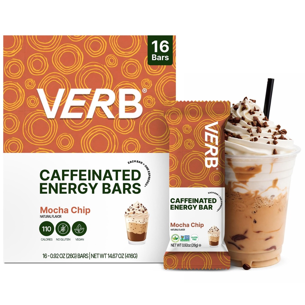 Verb Caffeinated Energy Bary Mocha Chip (26g, balení 16) 110- Calorie Delicious low Sugar Energy Bar - Vegan gluten zdarma On- Go Snack s 80mg Zelený čaj kofein, Pouze Real- Food Ingredients