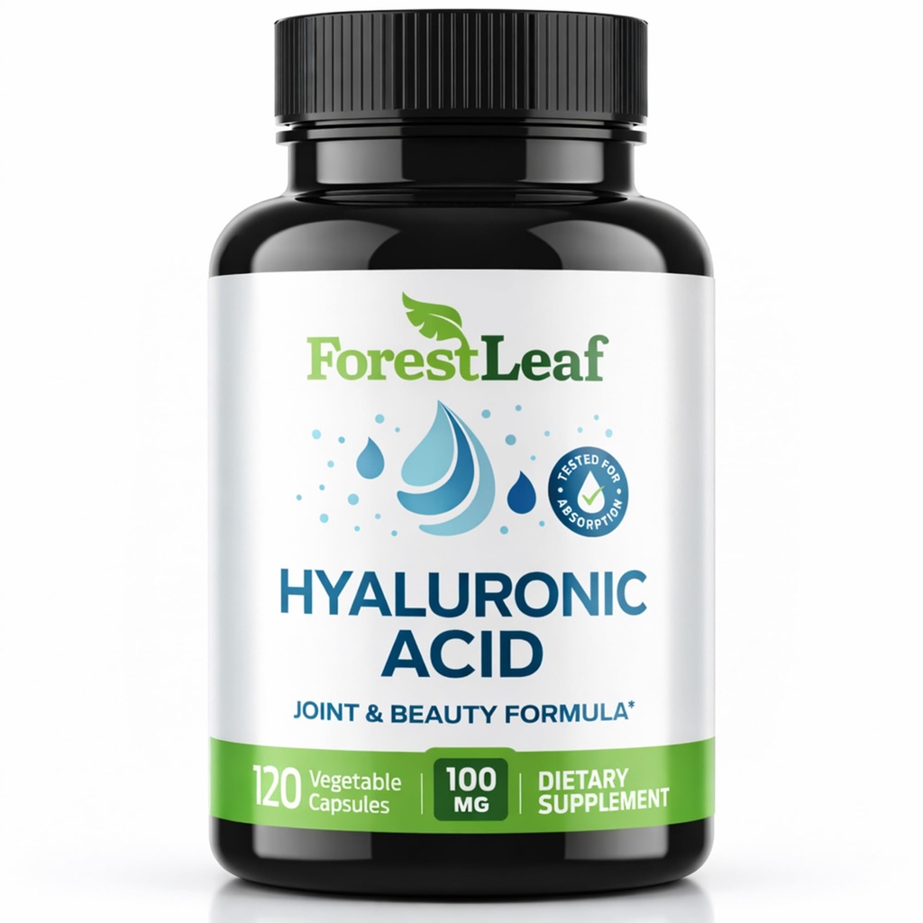 ForestLeaf Hyaluronic Acid Supplementary 124; 100mg High Bioavailable Dieral Hyaluronic Acid Powder Capsules + 50mg VIT C C124; Podporuje hydrataci kůže, Joint Lubrication, Anti- Aging, Hair & Nails I124; 120 Caps