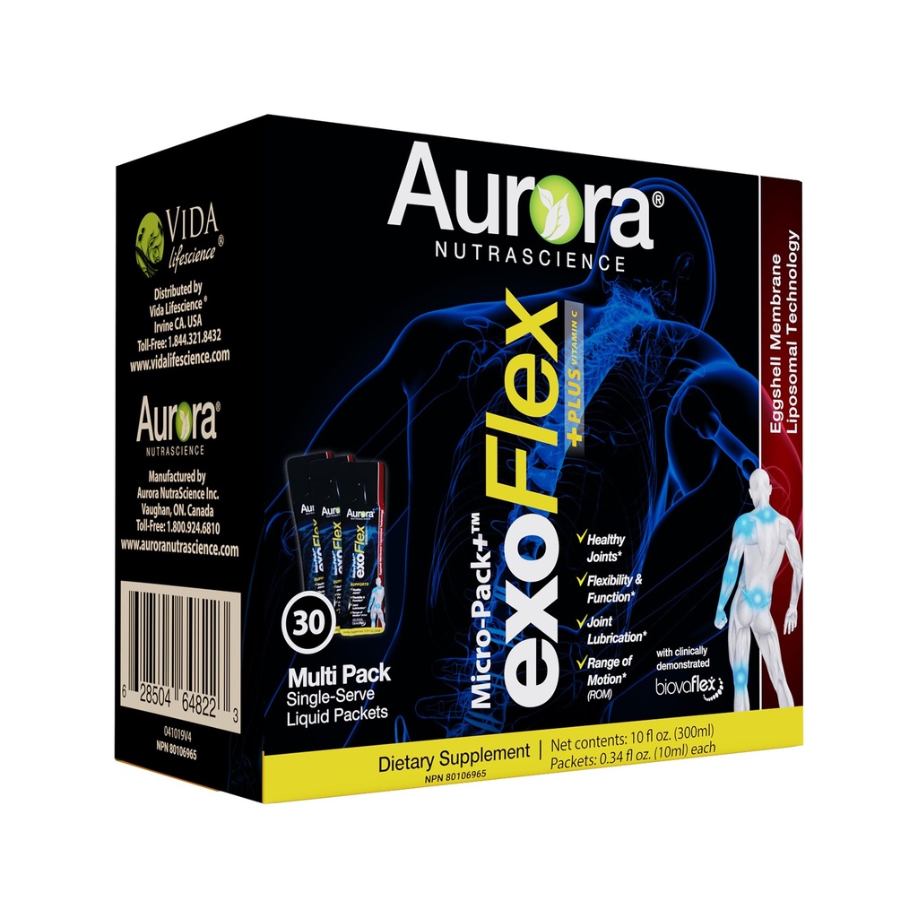 Aurora Nutrascience Micro- Pack Liposomal exoFlex + s vitamínem C, podporuje společnou flexibilitu a funkci, BiovaFlex Eggshell Membrane, Curcumin & Bohwellia, Strwaberry Flavor, 30 Single- Serve Packets
