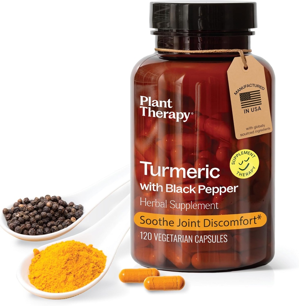 Plant Therapy Turmeric Black Pepper Doplněk Kapsle vyráběné v USA 4 měsíce Dodávky podporuje společné a svalové zdraví doplňky pro ženy a muže 120 Vegetariánské kapsle