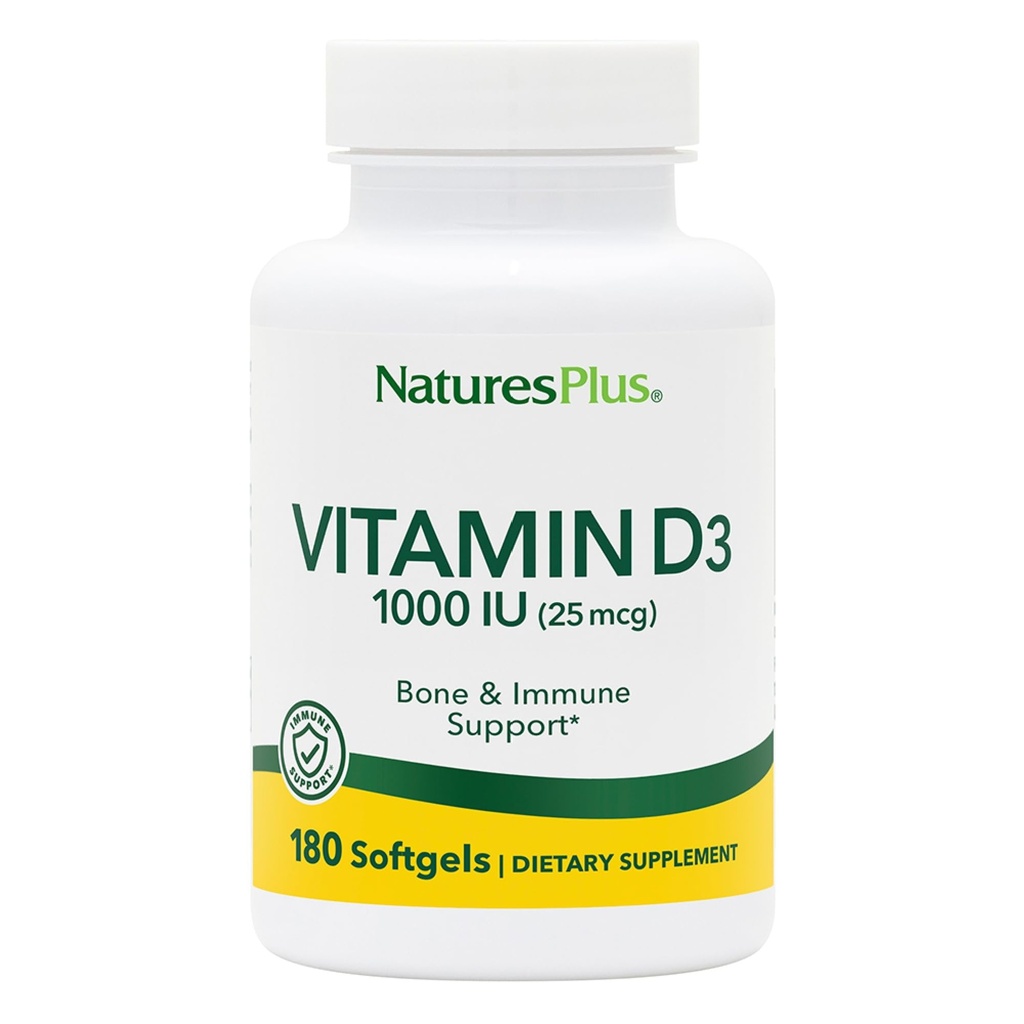 Natures Plus Vitamin D3 (Cholekalciferol) - 1000 iu, 180 Softgels - Nutriční podpora pro zdravé kosti a podporu imunitního systému - Biologicky dostupná aktivní forma - gluten- Free - 180 Služeb