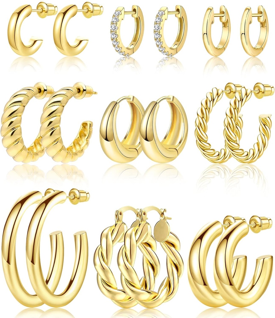 Adoyi 9 párů Zlaté Hoop Náušnice set pro Womens Twisted Huggie Hoops Náušnice 14K 18K Gold Placené pro dívky Valentines Den matek Narozeniny dárky Lehké