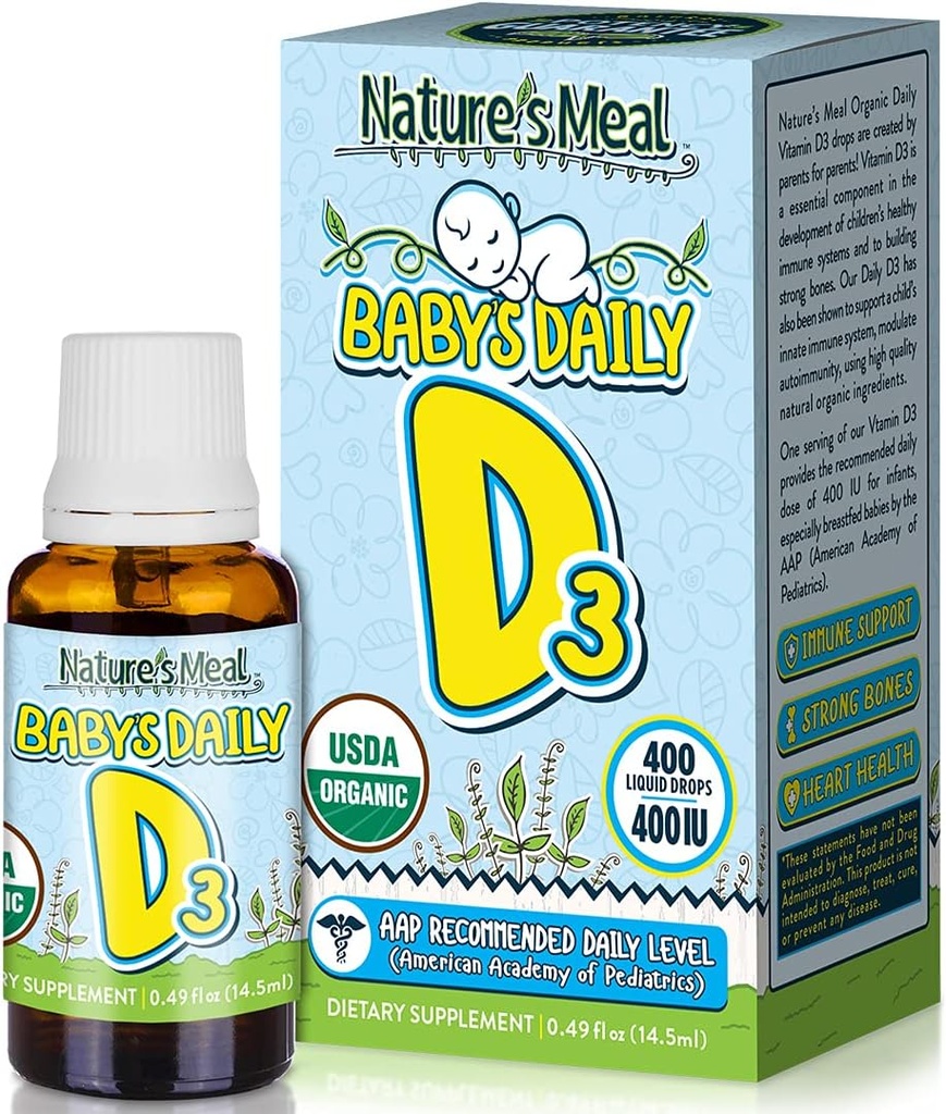 Příroda je jídlo - Vitamin D Kapky pro kojence, Vitamin D Kapky pro imunitní systém, Zdraví srdce, a zdraví kostí, Tekutý vitamin D s vitaminem D3 400 IU na servírování, Neochucené, 14.5 ml