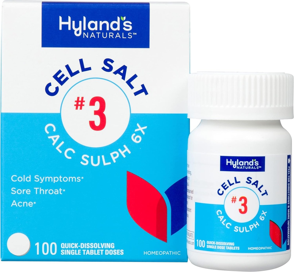 Hylandská buněčná sůl č. 3 Calc Sulph 6X tablety, studená úleva, přírodní homeopatická úleva nachlazení, Sore Throat, Acne, Rychlé rozpuštění tablety, 100 Počet