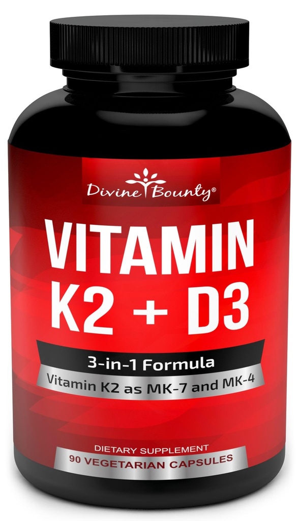 Vitamin K2 (MK7 & MK4) s doplňkem D3 - Vitamin K & D jako MK-7 100mcg, MK-4 500mcg a 5000 IU Vitamin D3 3in-1 Formule - Kostní a srdeční podpora - 90 Non- GMO Vegetariánské kapsle