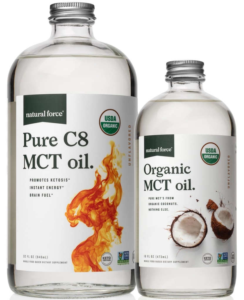 Natural Force Organic Pure C8 + Organic Full Spectrum MCT Olej - USDA Organic, Non GMO, 100% čisté kokosové MCTs - Keto, Paleo, Vegan a Kosher - 32 Oz & 16 Oz skleněné láhve