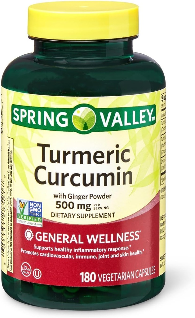 Jarní údolí Kurkumin 500 mg s 50mg Ginger Powder Twin Pack 180 Vegetariánské kapsle