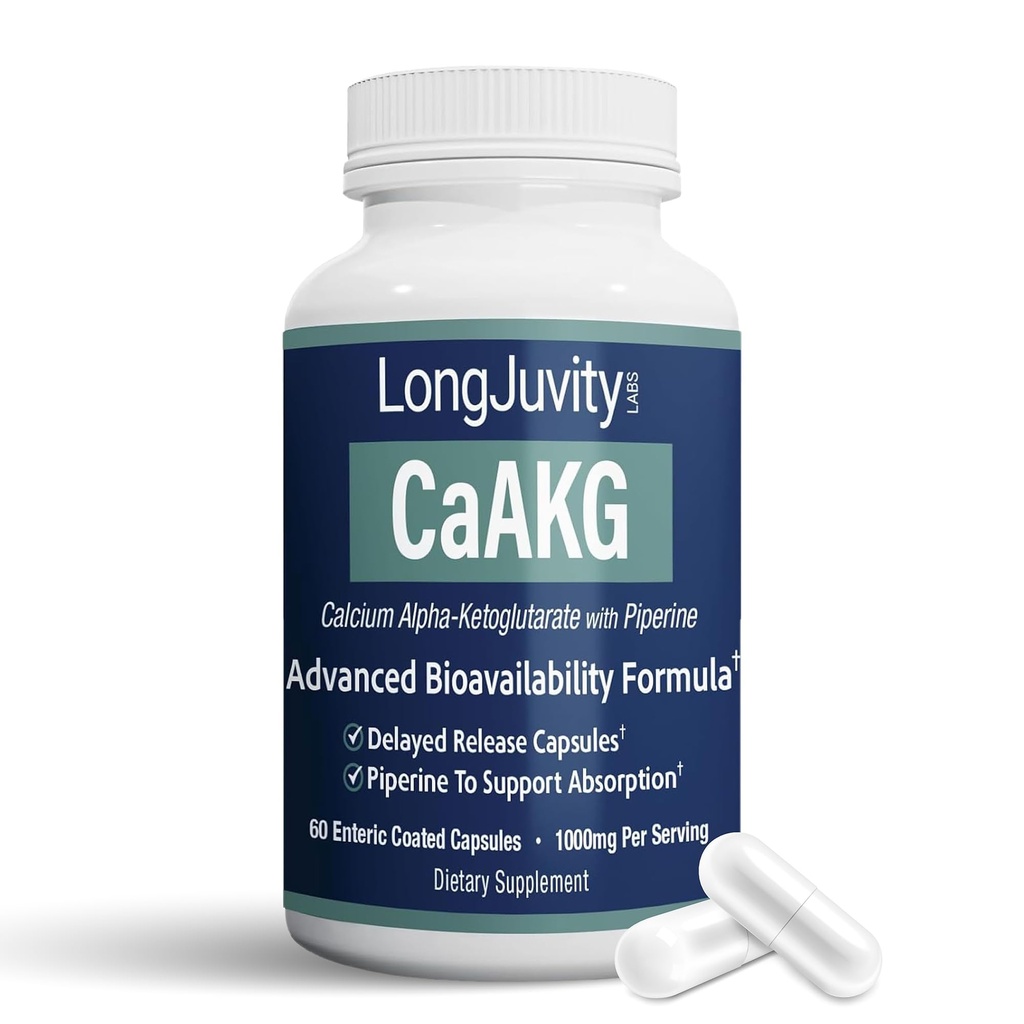 LongJuvity vápník Alpha- Ketoglutarát Time Release AKG dodatek (1,000mg per Serving) - Gut Heath, Bone Health, Anti Aging & Longevity - Nezávisle Lab Tested (60 Enteric Coated Capsules)