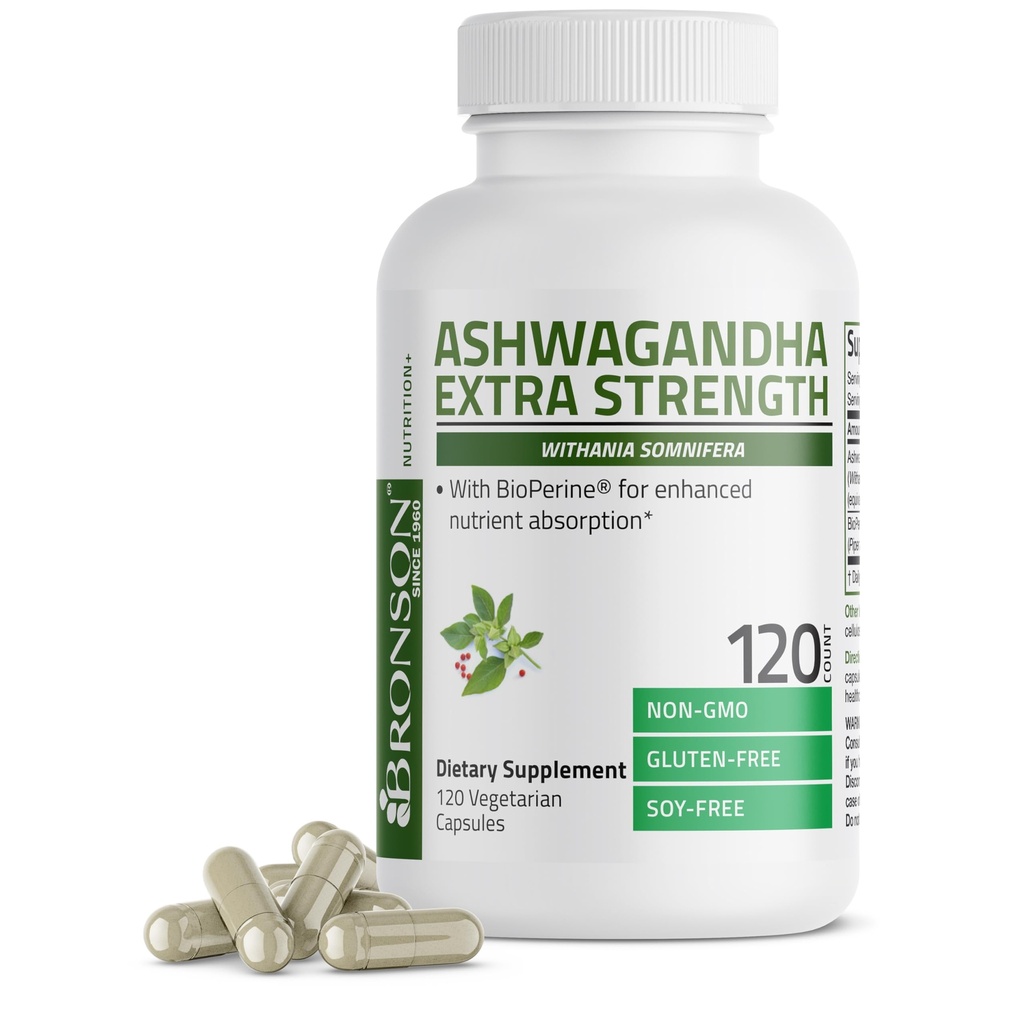 Bronson Ashwagandha Extra Pevnost Stress & Mood Podpora s BioPerine - Non GMO Formule, 120 Vegetariánské kapsle