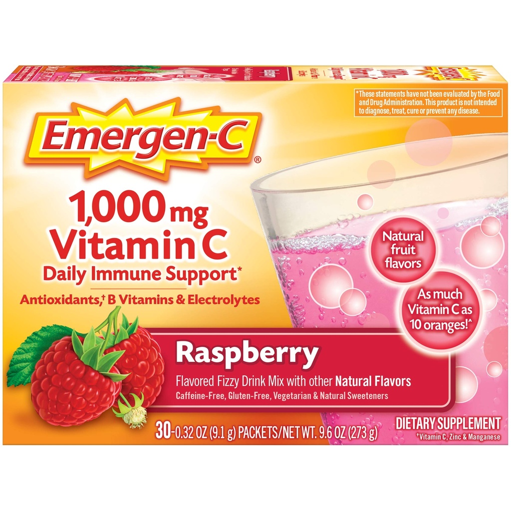 Emergen- C 1000mg Vitamin C Imunitní podpora Prášek Raspberry 30CT zahrnuje zinek, mangan, 7 B vitaminy a elektrolyty pro návrat do školy Essentials
