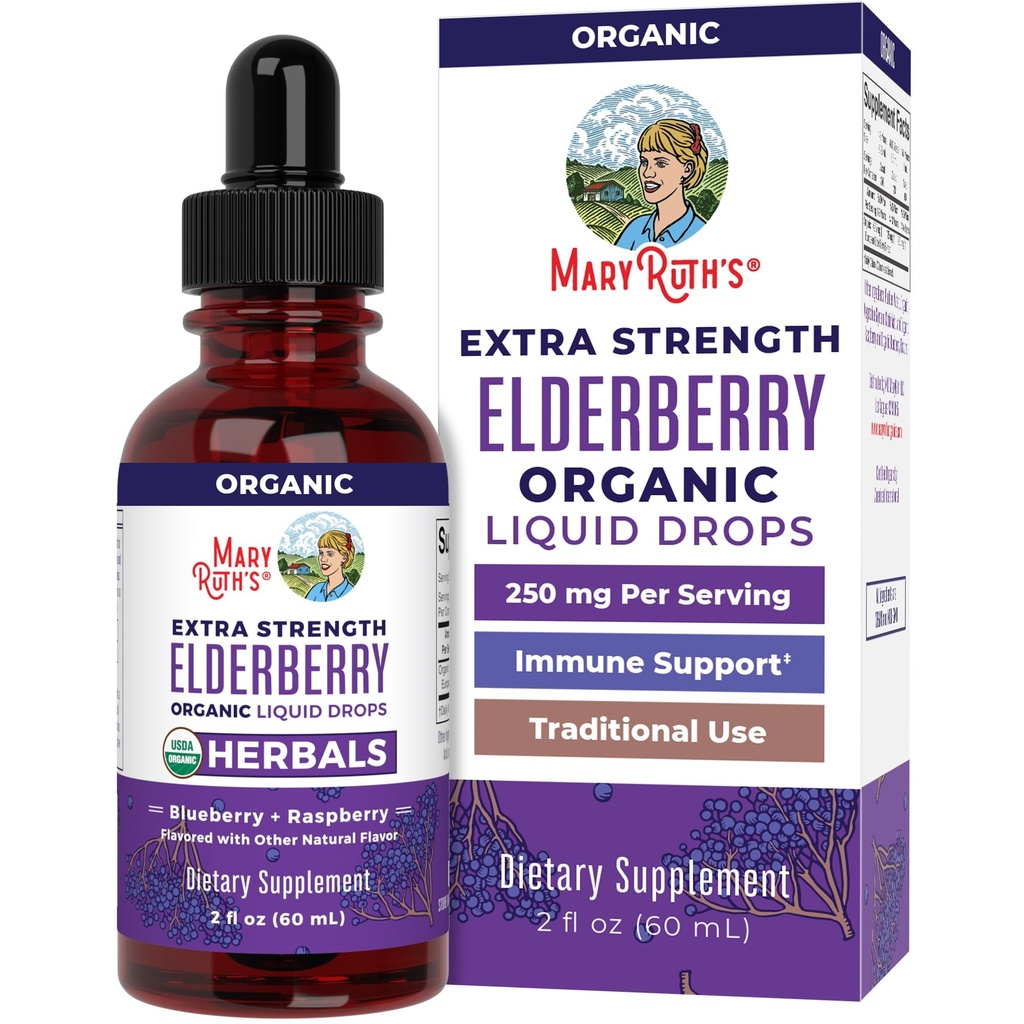MaryRuth Organics Elderberry Sirup Extra Strength, USDA Organic Elderberry, Cukr zdarma Dospělí a děti Imunitní podpora dodatek pro věky 1 +, Clean Label Project Ověřený ®, Vegan, Gluten Free, 2 Fl Oz