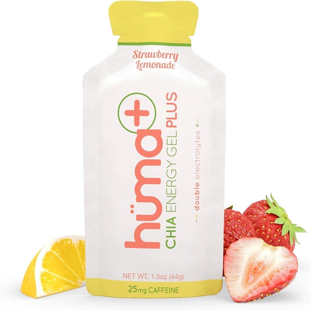 Huma Plus (Double Electrolytes) - Chia Energy Gel, Strawberry Lemonade, 24 Gels, 25mg Caffeine - Somech Friendly, Real Food Energy Gels