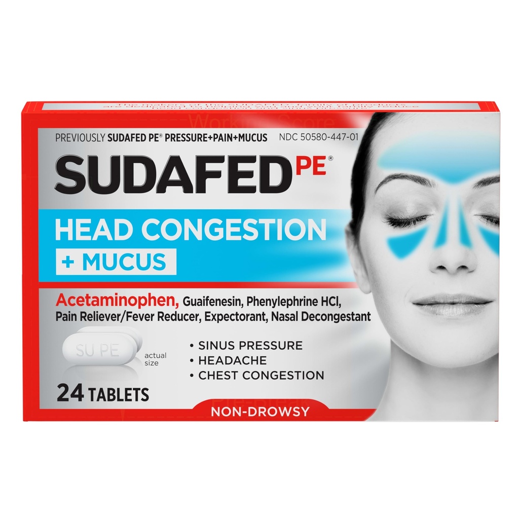 Sudafed PE Head Congestion + Mucus Relief Tablety pro Sinusový tlak, Congestion, & Bolest hlavy, Non- Drowsy Decongestant s Acetaminofen, Guaifenesin & Fenylefrin HCI, 24 ct