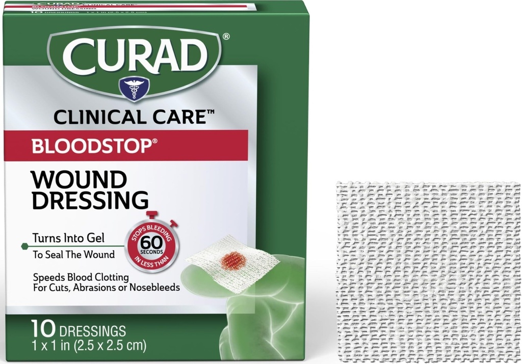 CURAD BloodStop ® Wound Dressing 124; 1 "x 1" CURAD 124; Hemostatická gáza pomáhá zastavit krvácení rychle 124; Pro řezy, abraze nebo Nosebleeds 124; 10 Počet