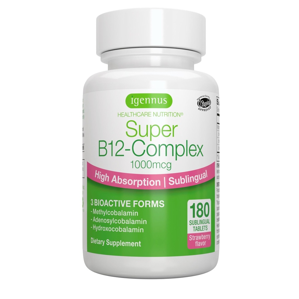 Igennus sublingual vitamin B12 Complex 1000mcg, Methylovaný methylkobalamin, Adenosylkobalamin & Hydroxokobalamin, High Absorption & Clean, 180 Servings, Sugar- Free & Vegan