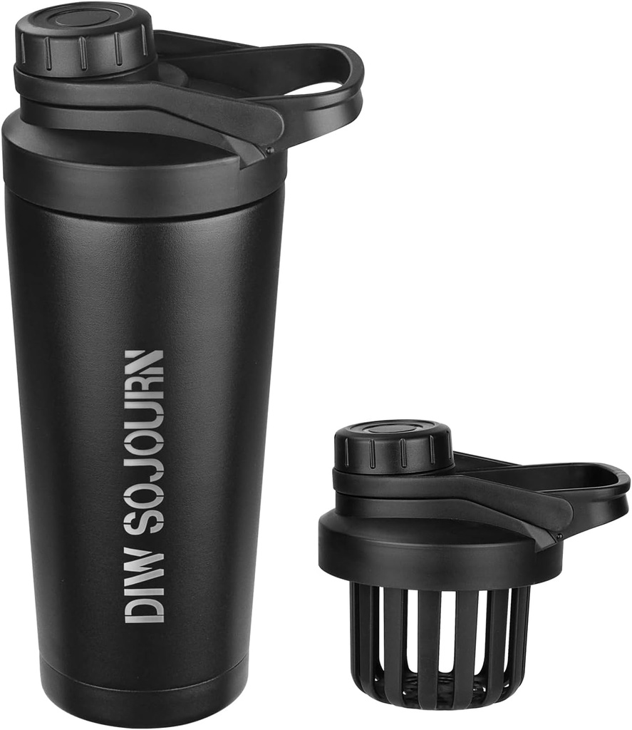 DIW 24 oz Shaker láhev, nerezová ocel Shaker láhev s Noise- Free Design, Izolovaný kovový Shaker Cup pro proteinové směsi a Pre Workout, Gym láhev Shaker (Black)