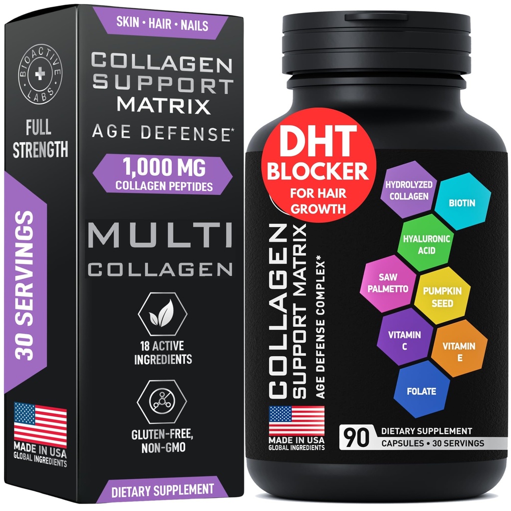Age Defense Beauty Kolagen Matrix - 2,000mg Multi Kolagen Biotin Keratin Hyaluronic Acid Said Palmetto vitamín C doplněk Komplex - DHT Block pro muže a ženy pro růst vlasů - 90 Gluten- Free Caps