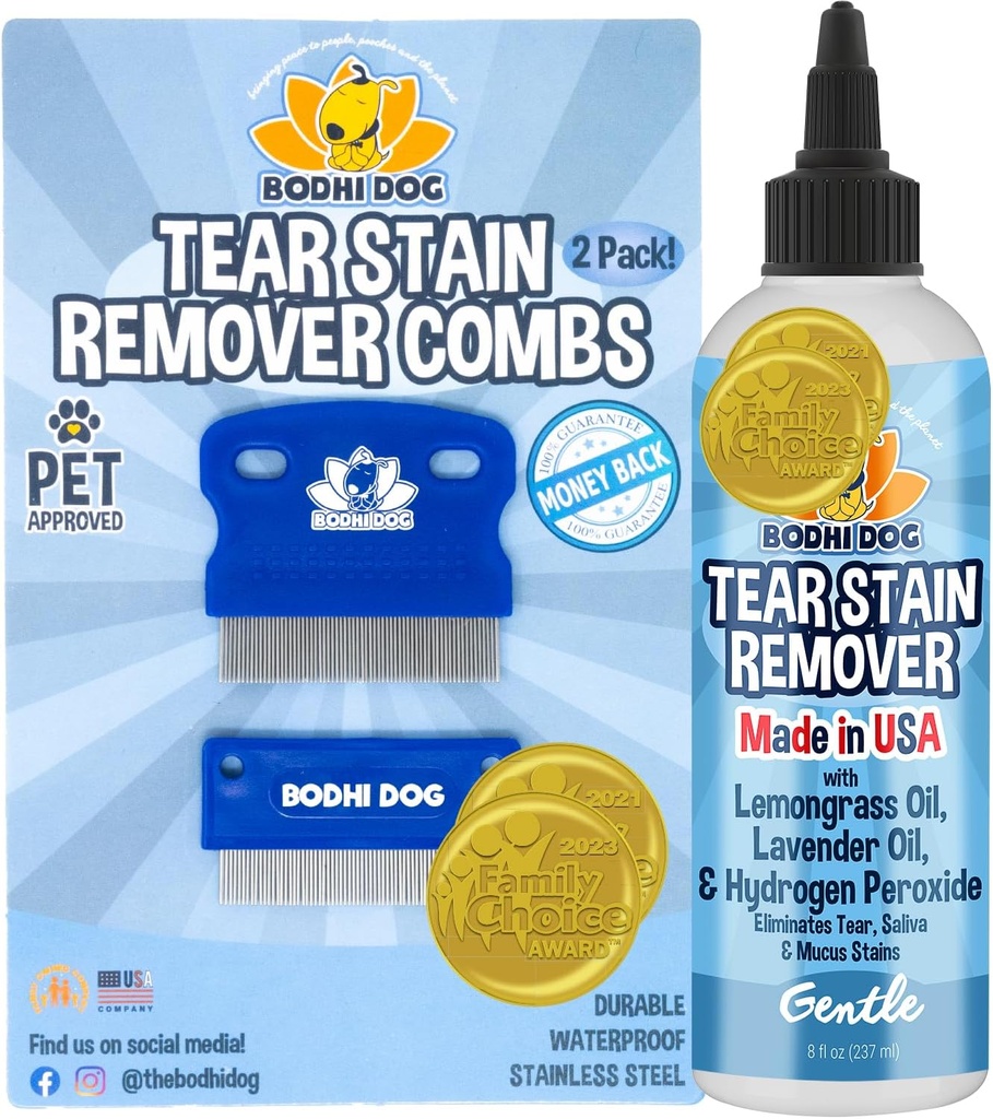 Bodhi Dog Tear Stain Remover & Tear Stain Remover Combs - Jemně odstraňuje sazenice, špína z Pet Eyes - Safe & Gentle on Dogs and Cats - Cleans Delicate Fur - Ideální pro Grooming & Tear Stain Prevention