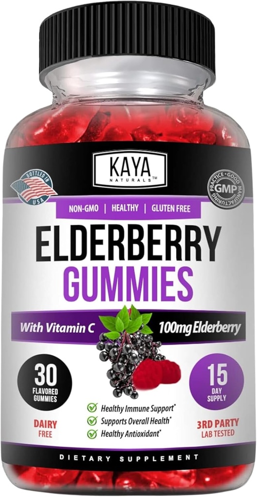 Kaya Naturals Imunitary Support Vegetarian Vitamin Gummy, Zinek, Vitamin C, Elderberry, Vitamin E, Lemon Flavor (30 Gummies)