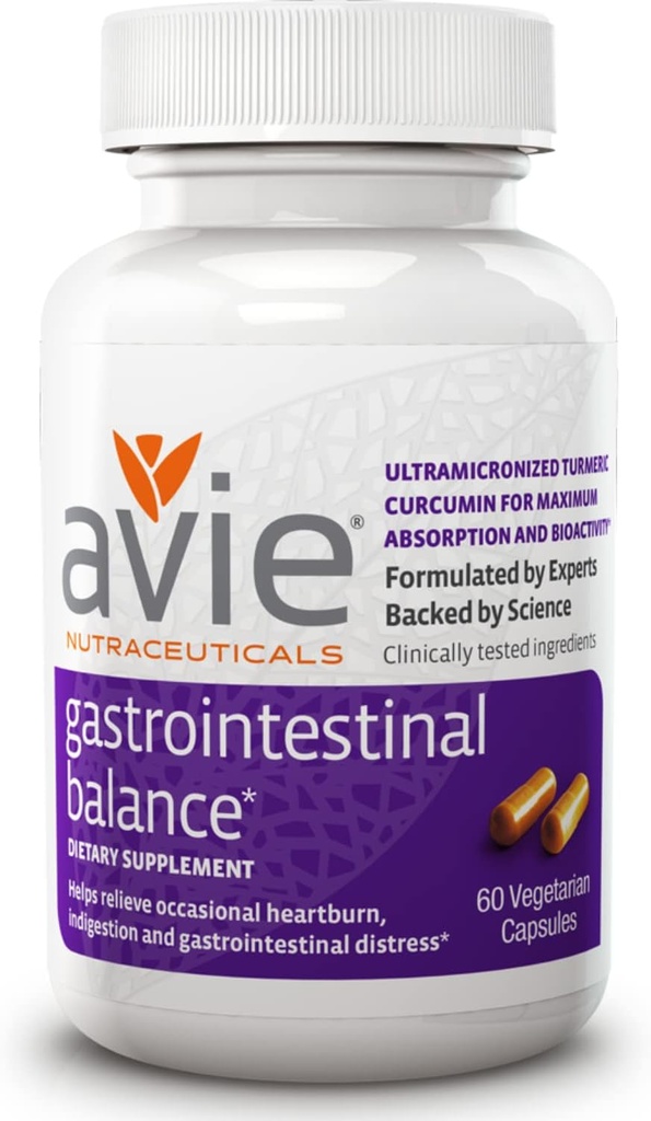 Avie NUTRACEUTICALS Gastrointestinální bilance doplněk kurkumin (60 kapslí) 124; Kurkuma s kořenem lékořice a hořčík pro vypalování žáhy, kyselý reflux, a požití úlevy - gluten zdarma, GMP- Certified