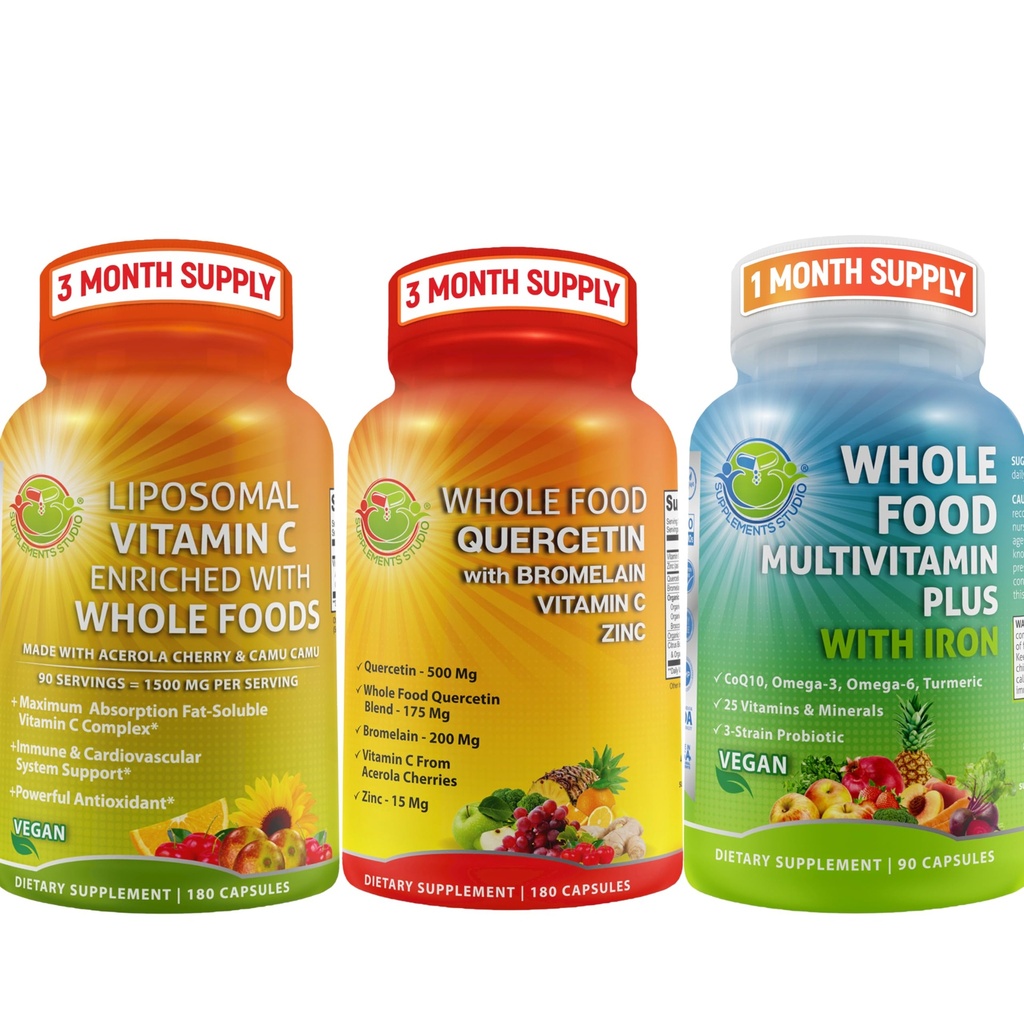 Kompletní denní vitamíny - Quercetin s Bromelain dodatek Bundle up s multivitamin Plus pro muže a ženy se železem a Liposomální vitamin C tekutý gel - pro imunitní, respirační, stravitelná podpora