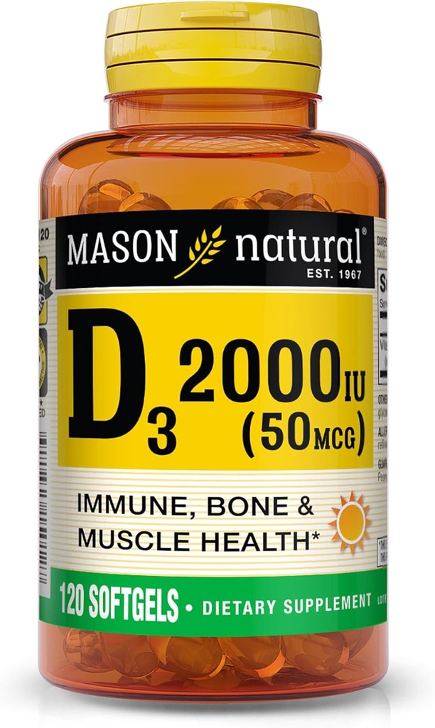 MASON NATURAL Vitamin D3 2000 IU Ultra síla, podporuje hustotu kostí, sílu a imunitní zdraví, 120 Softgels