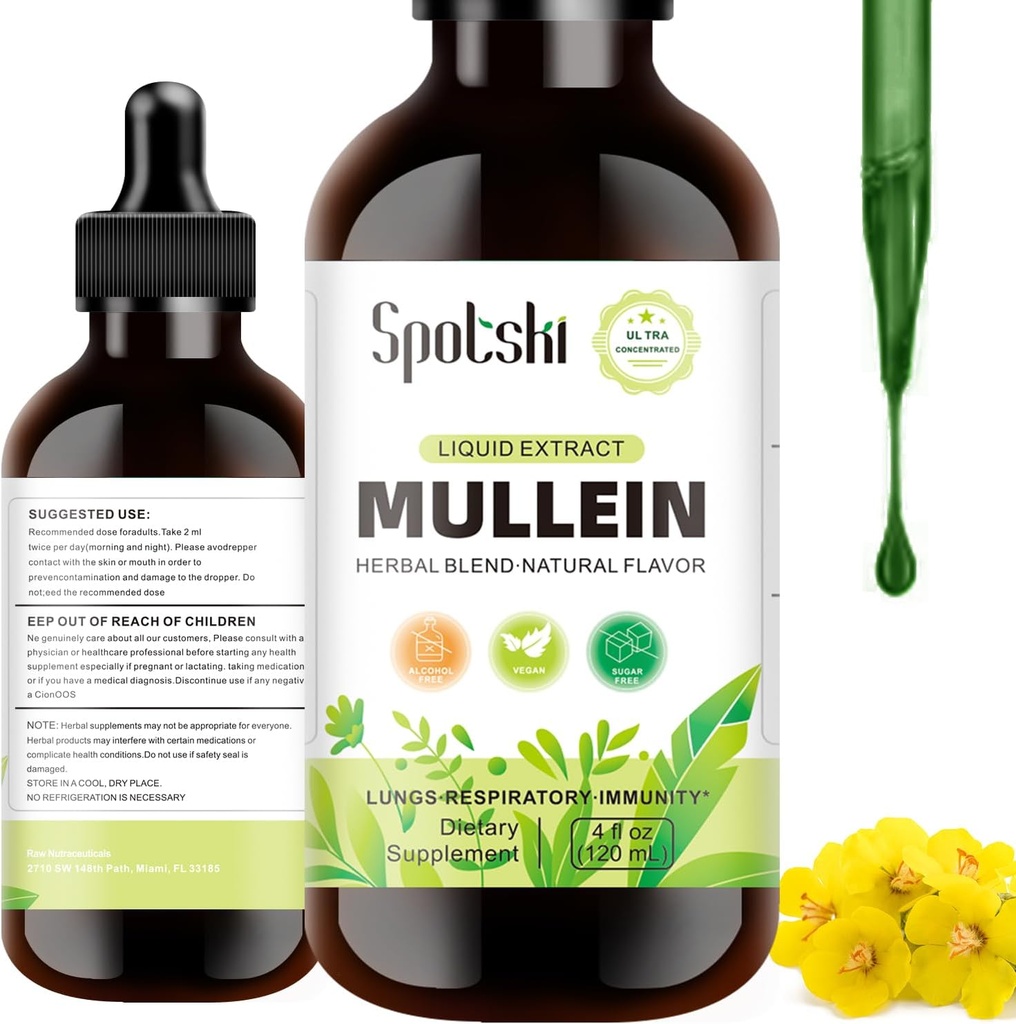 Mullein kapky pro plíce - lung detox pro respirační systém, přírodní spánková pomoc & imunitní podpora, tinktura kapky non-GMO, Vegetarian 1 měsíc dodávky